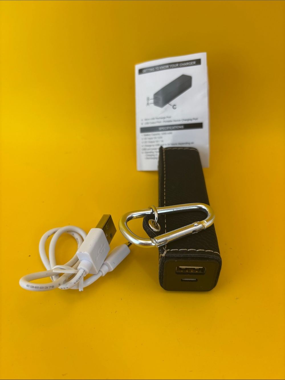 Portable Leather Black USB Power Bank with Carabiner and Charging Cable